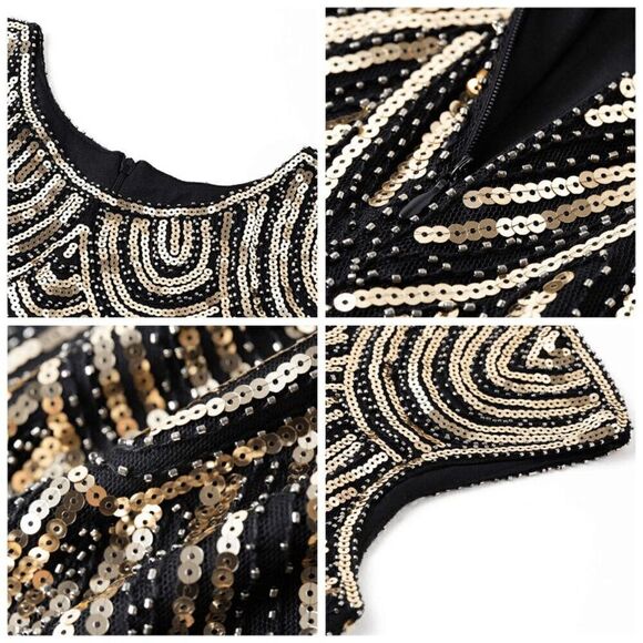 ✨ Flapper Great Gatsby Roaring 1920s Retro Tassel Fringe Gold Sequin Dress M NEW - Picture 12 of 17